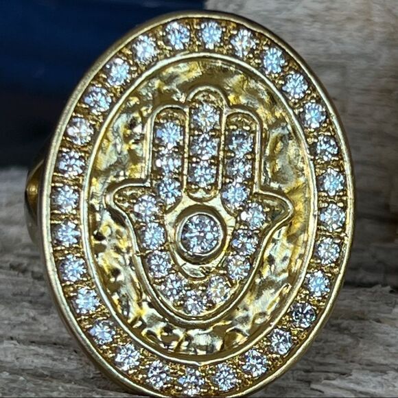 Sheila Fajl 18K Gold CZ Encrusted Hamsa/Evil Eye  Ring Size - Picture 5 of 14